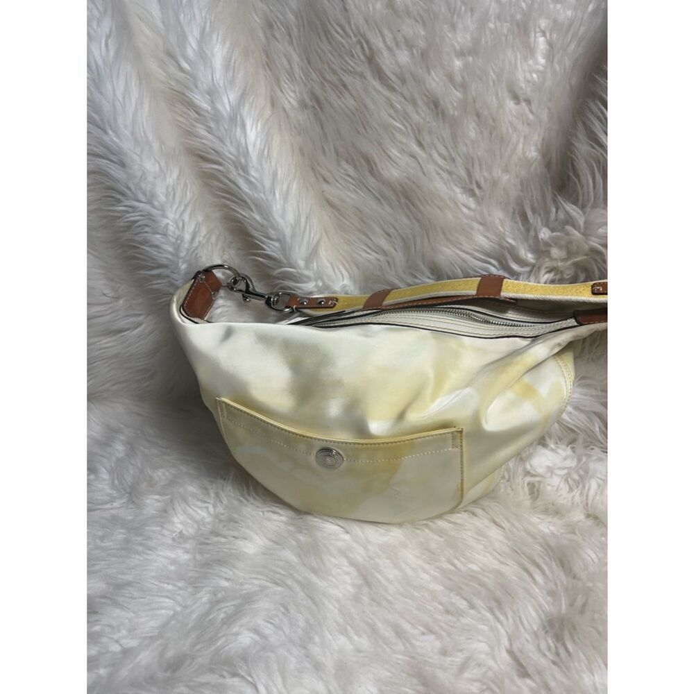 Coach Hampton sateen off white &Yellow marble hobo Bag tan leather &fabric strap